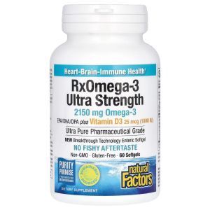 Омега 3 с витамином Д3, RxOmega-3 Ultra Strength with Vitamin D3, Natural Factors, продленного действия, 60 капсул
