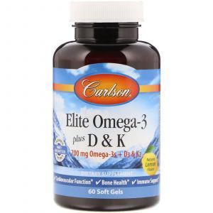 Омега 3 + витамин Д3 и витамин К, Omega-3 Plus D & K, Carlson Labs, 60 гелевых капсул