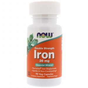 Железо, Iron, Now Foods, двойная сила, 36 мг, 90 вегетарианских капсул