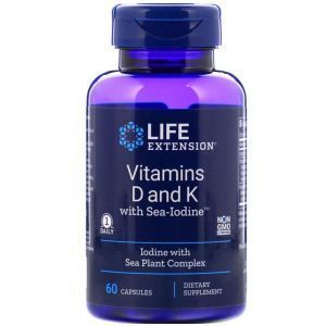 Витамин Д и К с йодом, Vitamins D and K with Sea-Iodine, Life Extension, 60 капсул