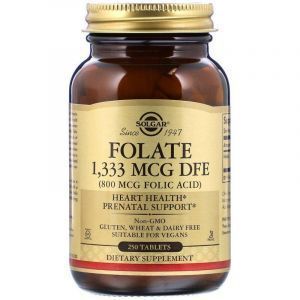 Folat, solgar, acid folic, 1.333 mcg DFE (800 mcg), 250 comprimate