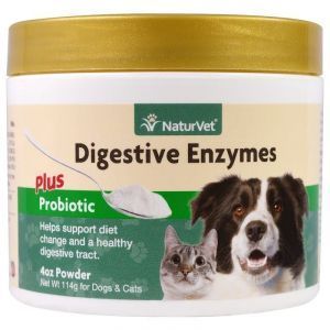 Пищеварительные ферменты плюс пробиотик, Digestive Enzymes Plus Probiotic, NaturVet, для собак и кошек, 144 г
